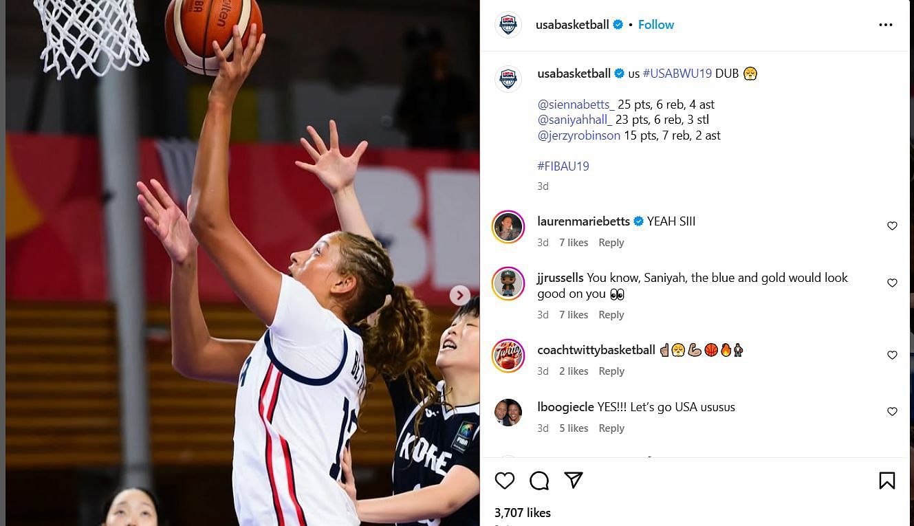 Lauren Betts hypes younger sister Sienna Betts for U19 FIBA Women's World Cup performance on IG. Image via @usabasketball